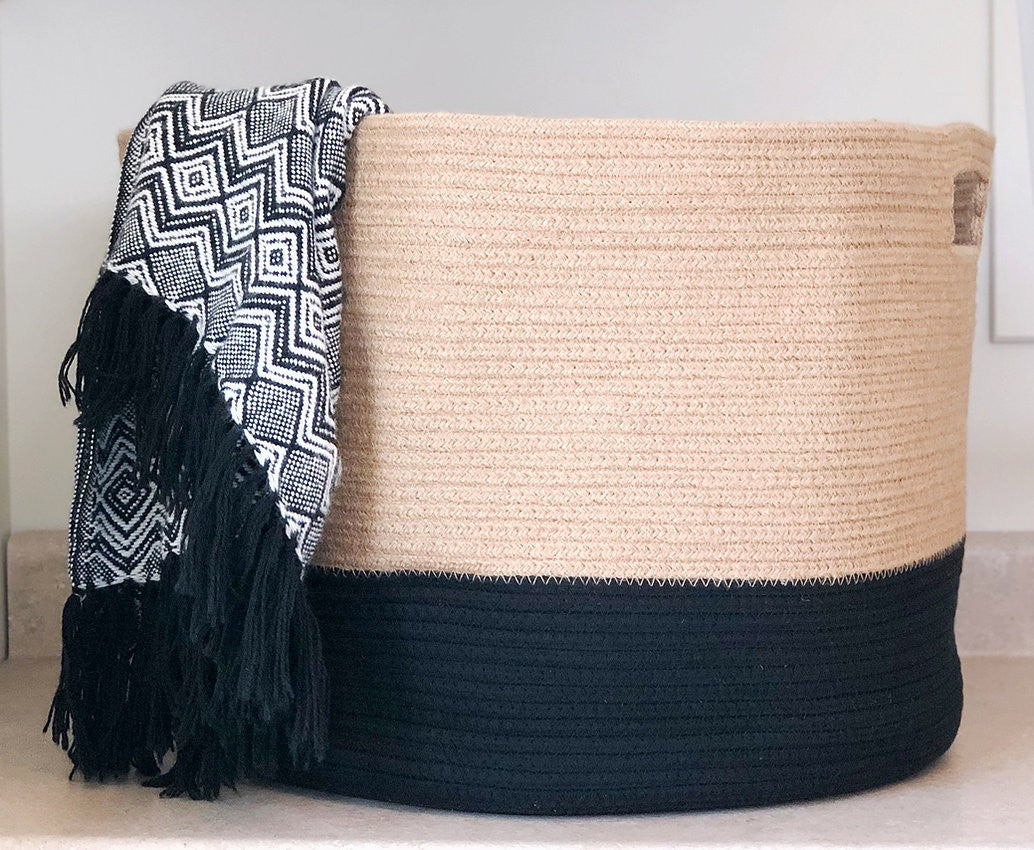 Woven Rope Storage Basket - Oversized Basket 21 x 21 x 15 Inches - Black & Tan Laundry Basket for Blankets, Kids Toys, & Nursery Clothes - Chloe and Cotton