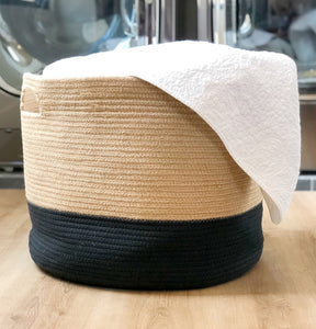 Woven Rope Storage Basket - Oversized Basket 21 x 21 x 15 Inches - Black & Tan Laundry Basket for Blankets, Kids Toys, & Nursery Clothes - Chloe and Cotton