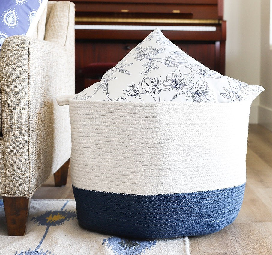White and Blue Woven Rope Basket Cotton Rope Storage Basket with Handles, Versatile Organization and Storage Bin Organizer, Natural and Safe for Baby and Kids.