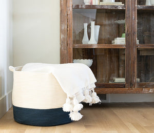 White and Blue Woven Rope Basket Cotton Rope Storage Basket with Handles, Versatile Organization and Storage Bin Organizer, Natural and Safe for Baby and Kids.