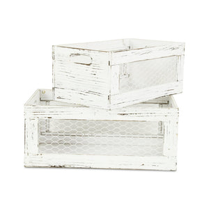 Set of Two Rustic Whitewash Chicken Wire Sides Wooden Crates